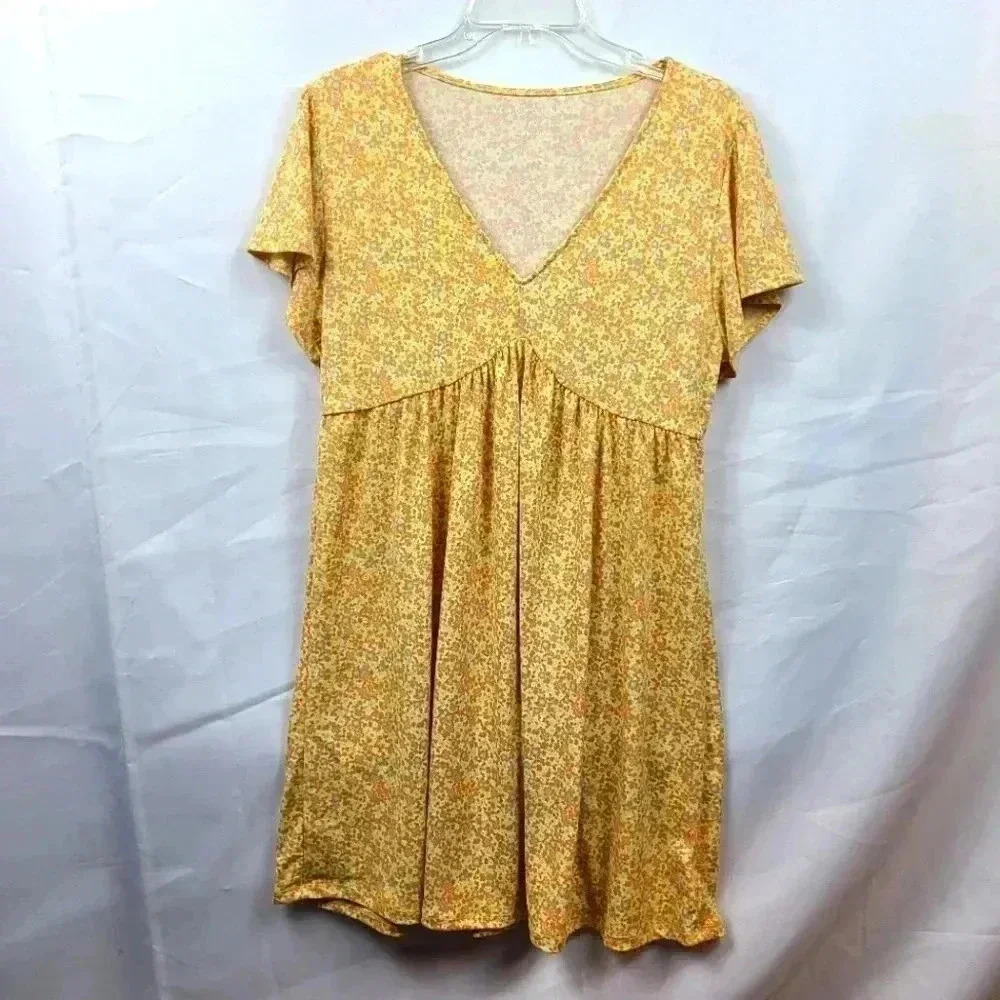 Aeropostal Floral Yellow Pastel Short Sleeve Midi Sundress Women's XL